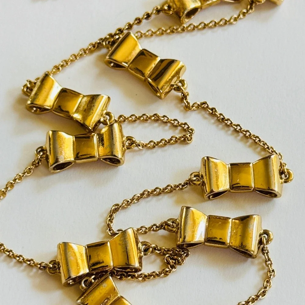 Kate Spade New York Take A Bow Necklace‎ Scatter Long Gold Chain Rare Statement